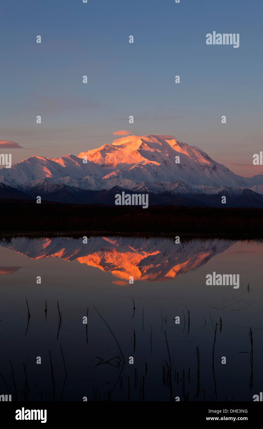 Alpenglow su Mt. Mckinley, noto anche come Denali, riflessa nella tundra Pond di Sunrise, caduta, Parco Nazionale di Denali Foto Stock