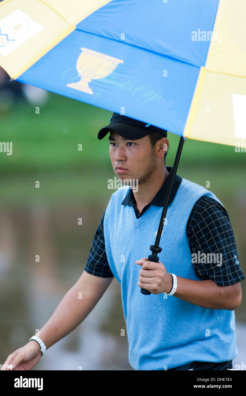 Dublin, Ohio, Stati Uniti d'America. 6 Ottobre, 2013. Hideki Matsuyama (JPN) Golf : Internazionale del Team Hideki Matsuyama del Giappone durante il round finale singole partite del presidenti Cup a Muirfield Village Golf Club in Dublin, Ohio, Stati Uniti . © Thomas Anderson/AFLO/Alamy Live News Foto Stock