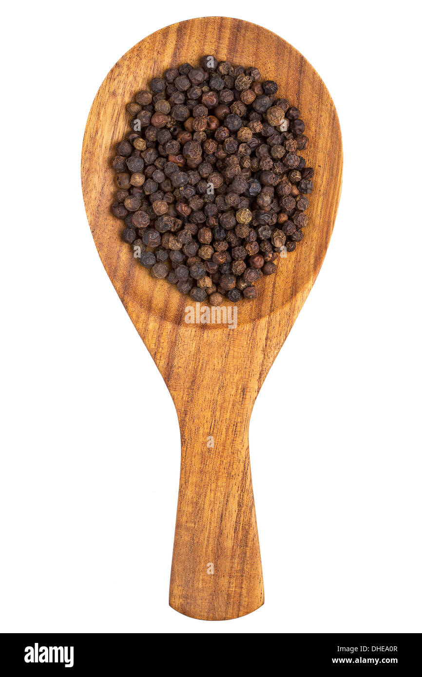 Pepe nero (Piper nigrum) chicchi di pepe nel cucchiaio di legno su sfondo bianco Foto Stock