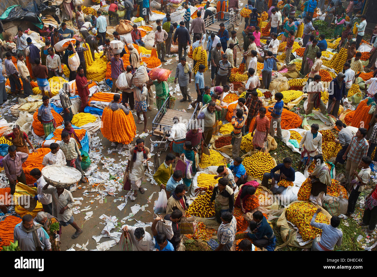 Mullik Ghat flower market, Kolkata (Calcutta), West Bengal, India, Asia Foto Stock