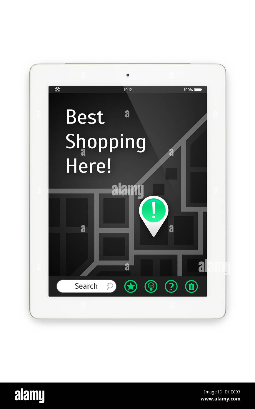 Bianco Tablet computer con un'interfaccia map su sfondo bianco. Foto Stock
