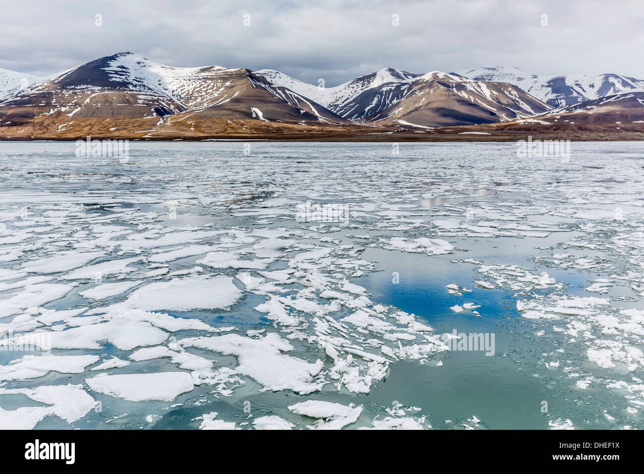 Le stagioni ultime shore ice veloce in Bellsund, Spitsbergen, Svalbard, Norvegia, Scandinavia, Europa Foto Stock