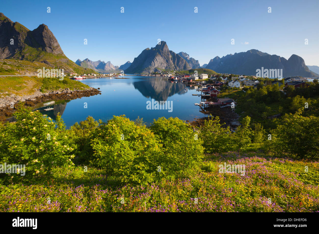 Il pittoresco villaggio di pescatori di Reine, Moskenesoy, Lofoten, Nordland, Norvegia, Scandinavia, Europa Foto Stock