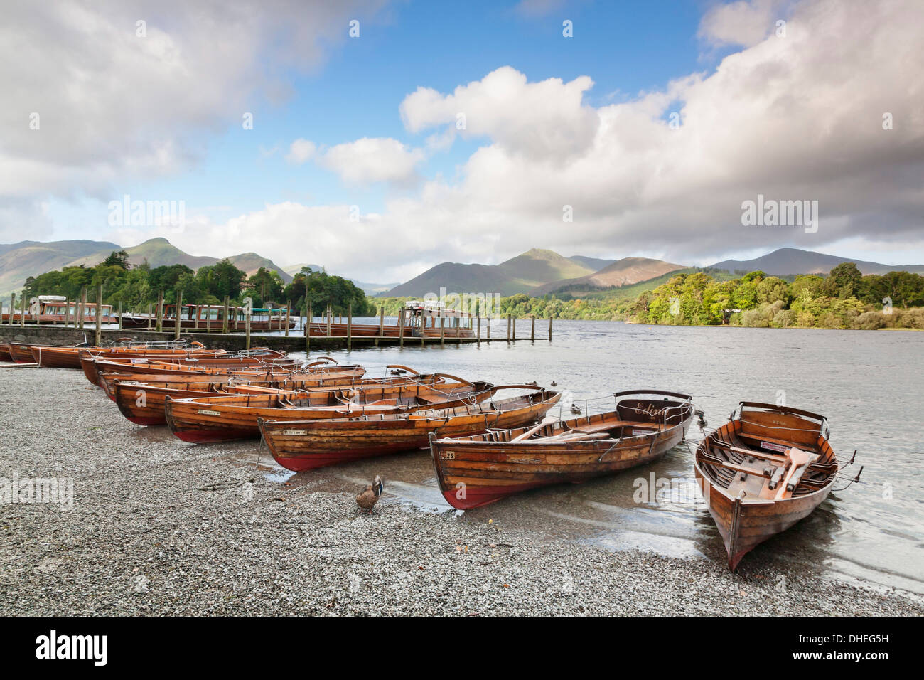 Barche a remi sulla Derwent Water, Keswick, Parco Nazionale del Distretto dei Laghi, Cumbria, England, Regno Unito, Europa Foto Stock