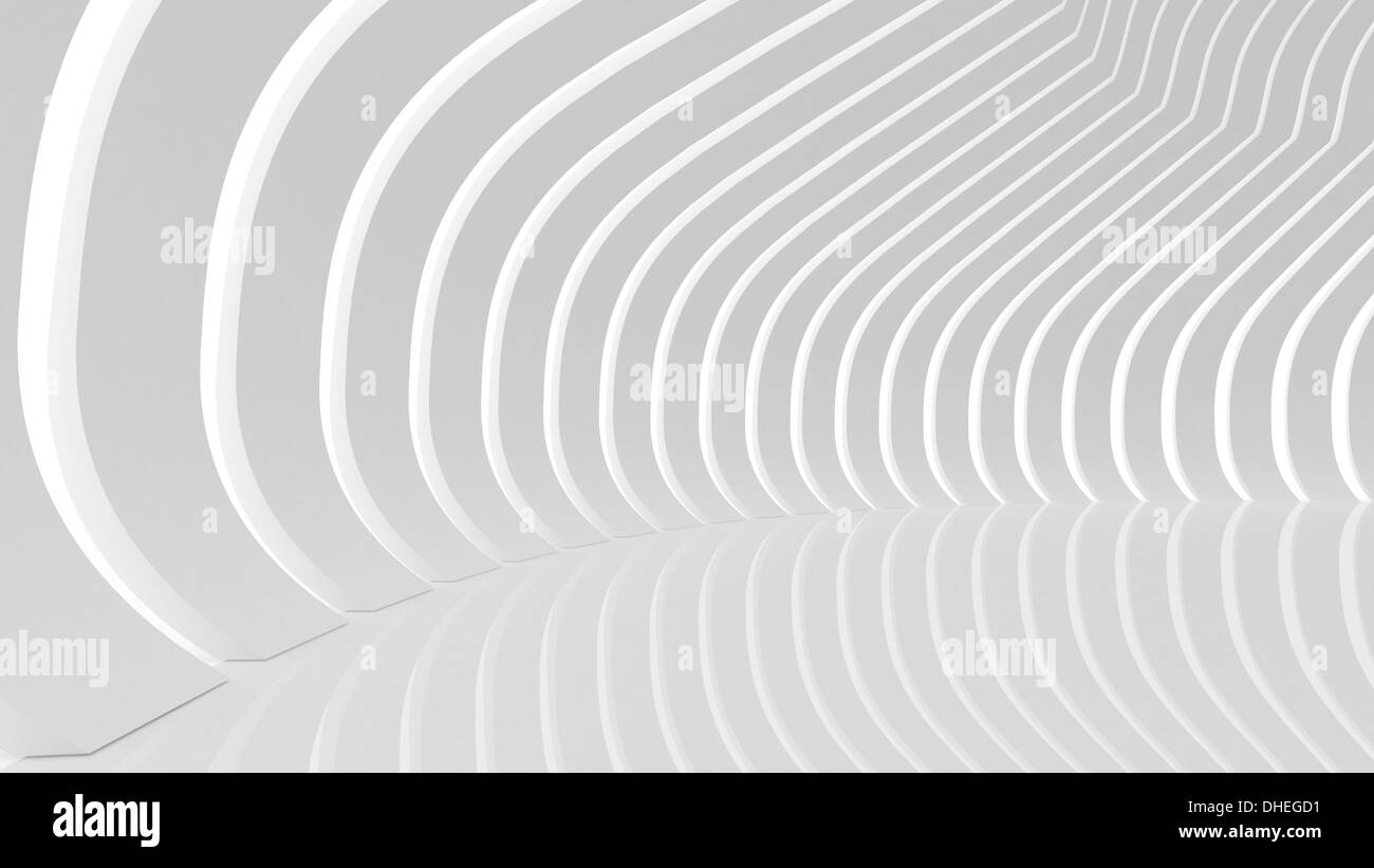 White abstract architettura 3D sfondo. Round interno con strisce di luce modello sui muri Foto Stock