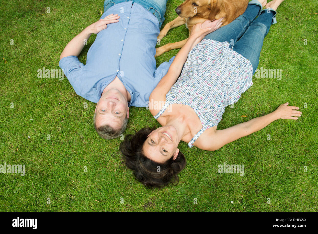 Ritratto di Coppia matura sdraiati sull'erba con il cane Foto Stock