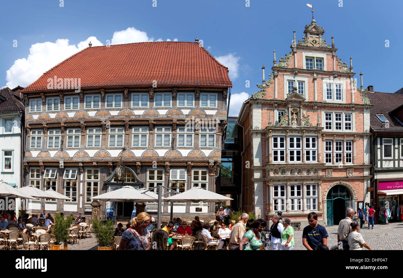 Il Dempterhaus o Leisthaus e il Stiftsherrenhaus, Weser in stile rinascimentale, museo, Hameln, Bassa Sassonia, Germania, Europa Foto Stock