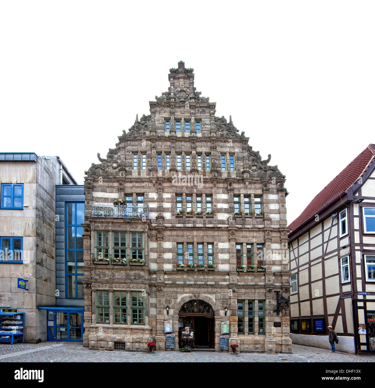 Il Pifferaio Casa dal 1603, Weser in stile rinascimentale, Hameln, Bassa Sassonia, Germania, Europa Foto Stock