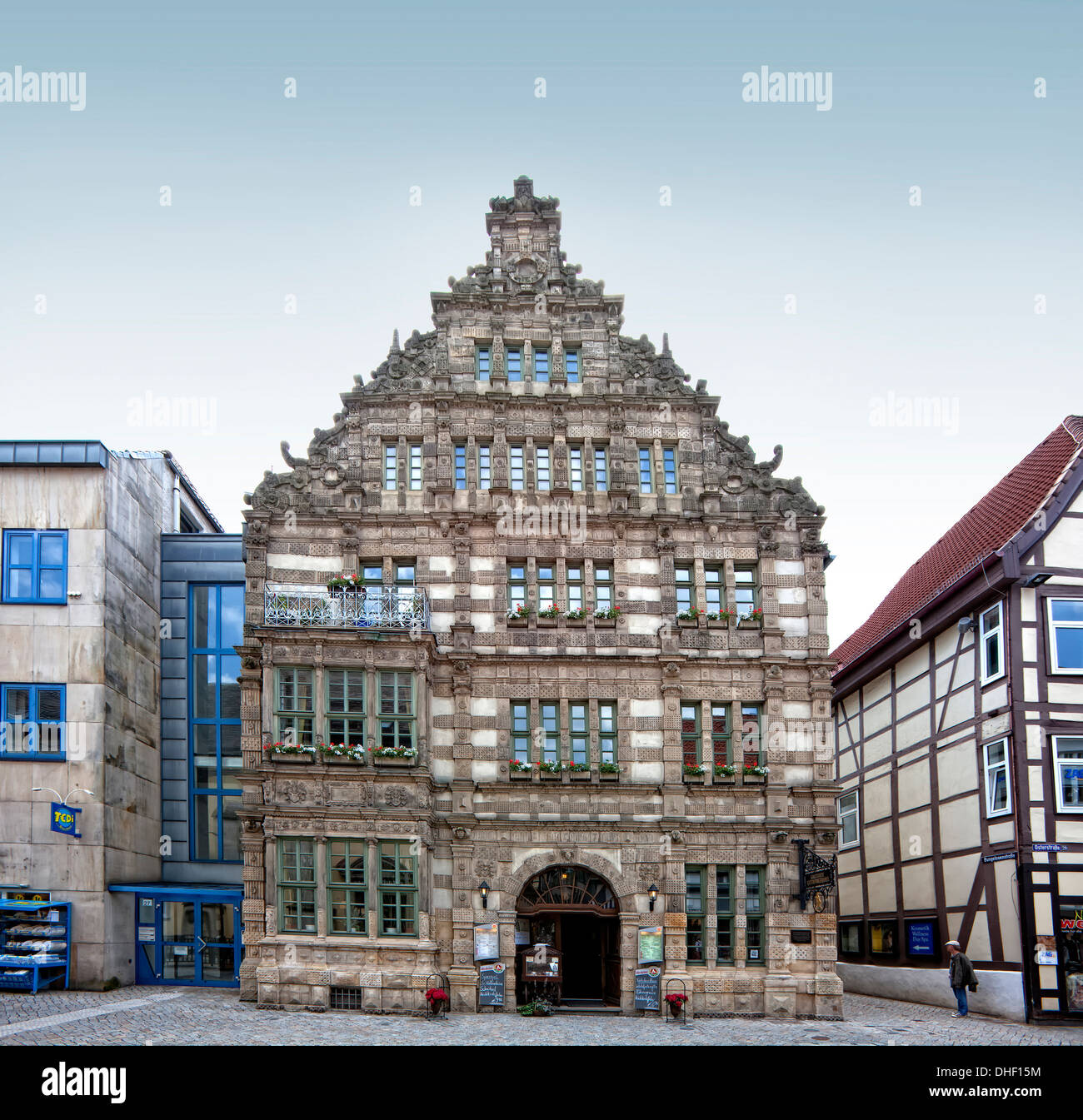 Il Pifferaio Casa dal 1603, Weser in stile rinascimentale, Hameln, Bassa Sassonia, Germania, Europa Foto Stock