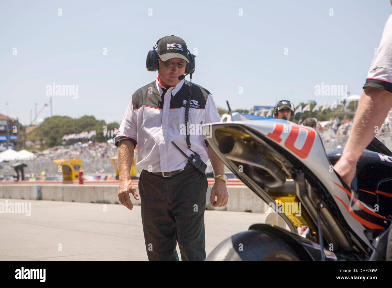 Tre volte Campione del Mondo Moto GP racer " King' Kenny Roberts in box a Laguna Seca Foto Stock