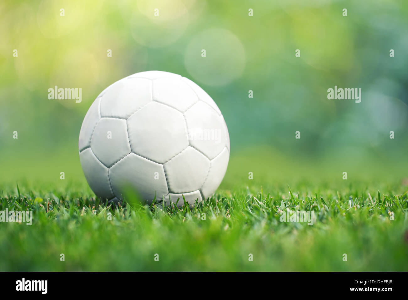 Bianco Pallone da calcio in erba verde Foto Stock