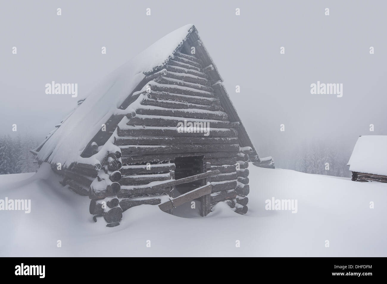 Casa in legno nella foresta di inverno Foto Stock