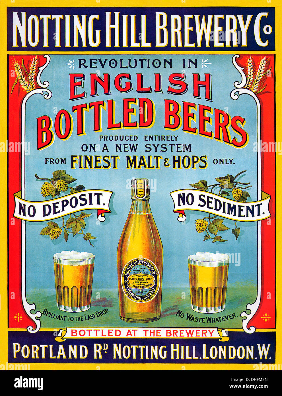 Notting Hill Brewery Co, 1899 poster per la fabbrica di birra di Londra la cui birre in bottiglia ha gettato nessun deposito o sedimenti Foto Stock
