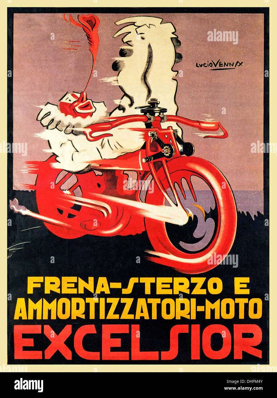 Excelsior, 1925 poster italiano inglese per la motocicletta realizzato con superiore sterzo e sospensione, anche un clown potrebbe guidare uno Foto Stock