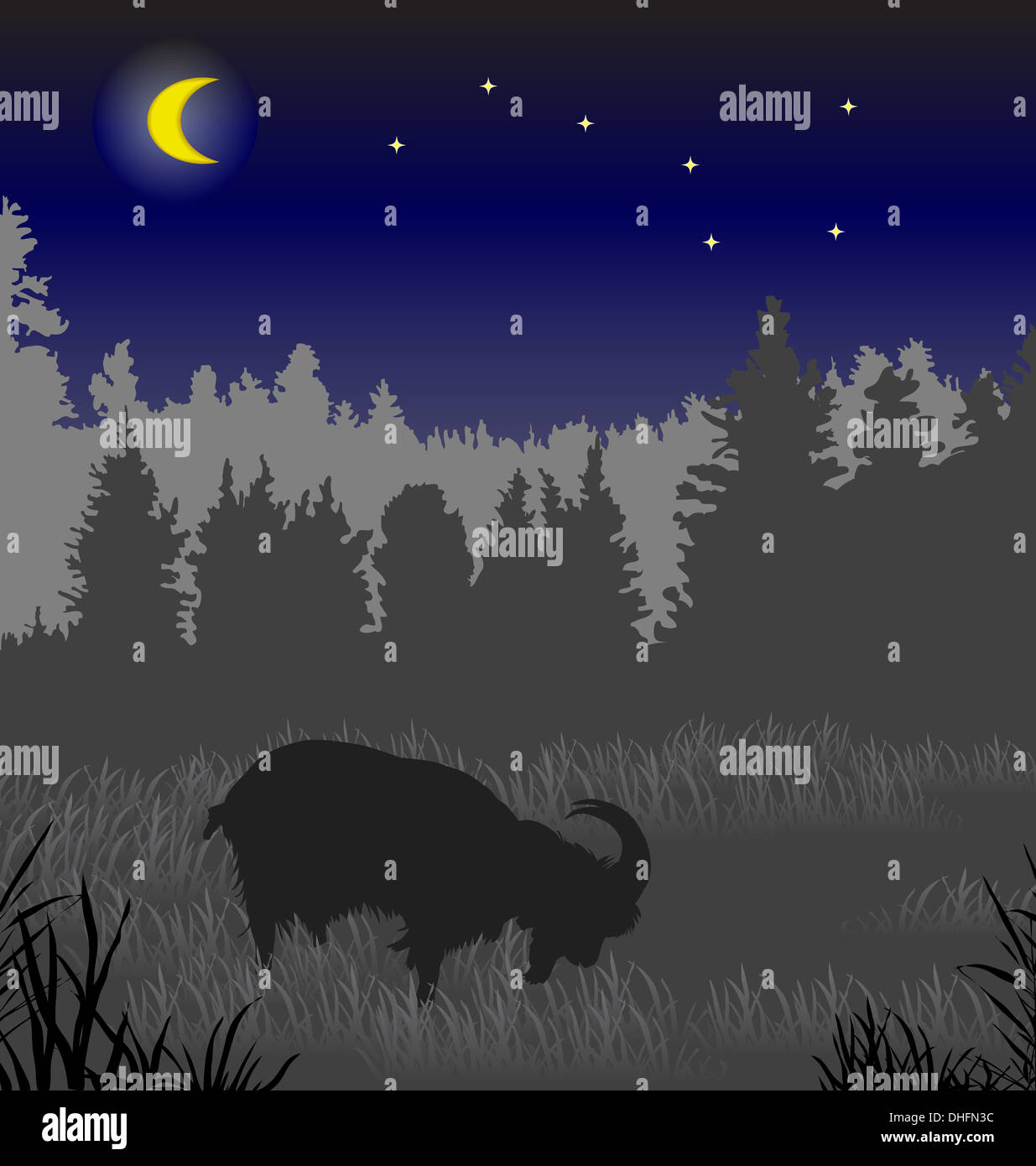 I costi di capra in una nebbia contro il legno una notte di luna Foto Stock