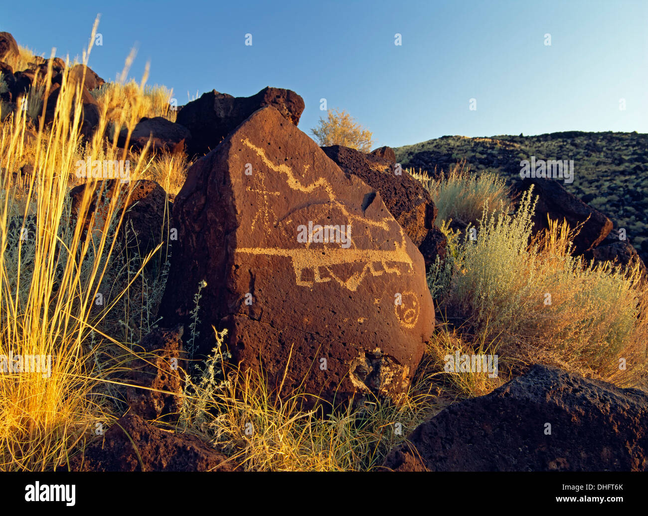 Incisioni rupestri, Rinconada Canyon, Petroglyph National Monument, Albuquerque, Nuovo Messico USA Foto Stock