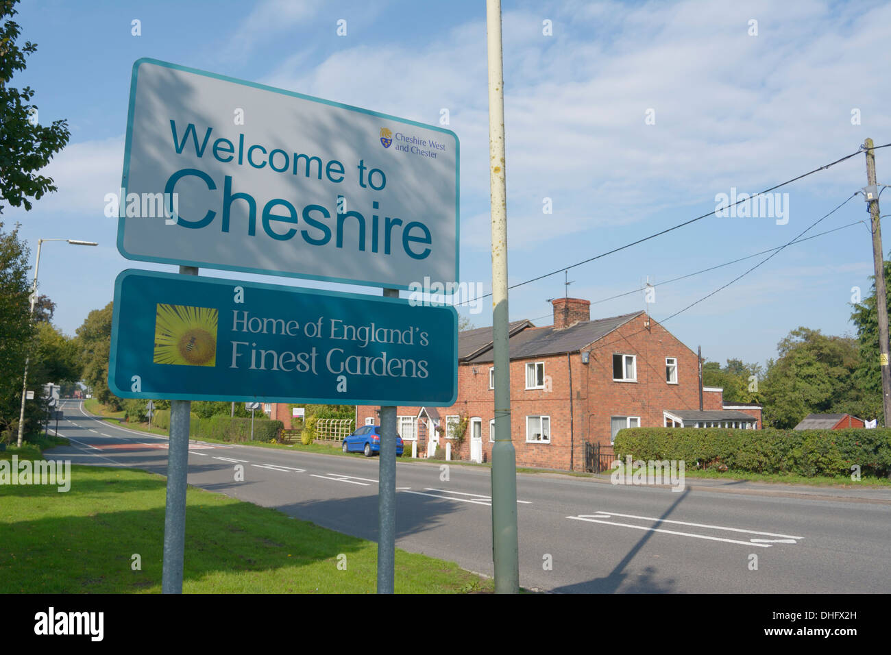 Benvenuto a Cheshire segno il Cheshire / Shropshire confine. Foto Stock