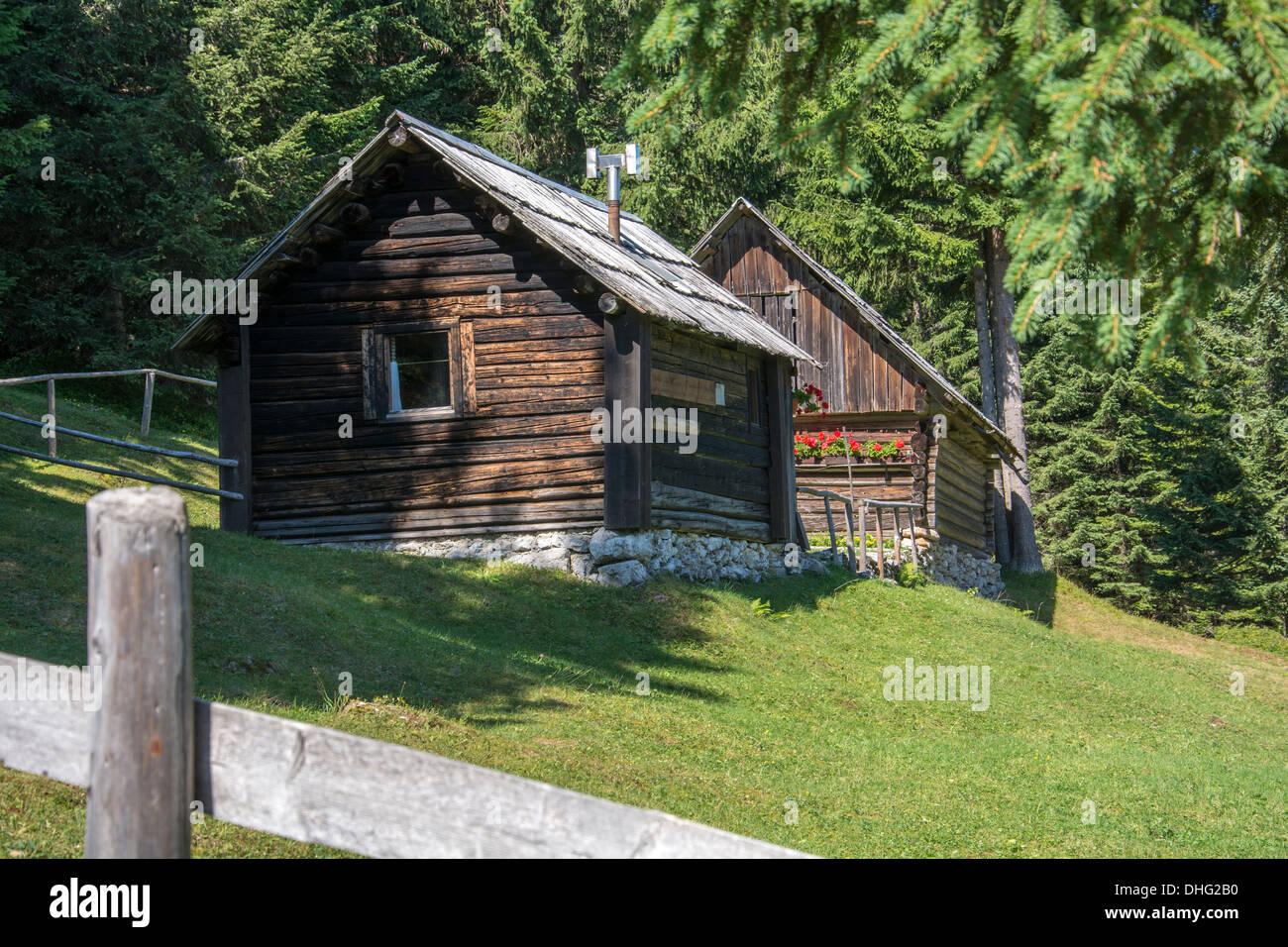 Cottage di legno nella foresta verde con rotaia Foto Stock