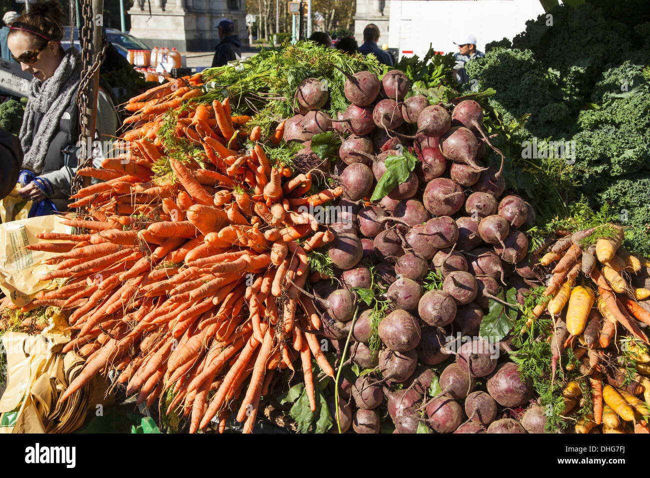 Ortaggi a radice, carote, barbabietole, & Pastinaca in vendita presso il mercato degli agricoltori a Grand Army Plaza a Brooklyn, New York. Foto Stock