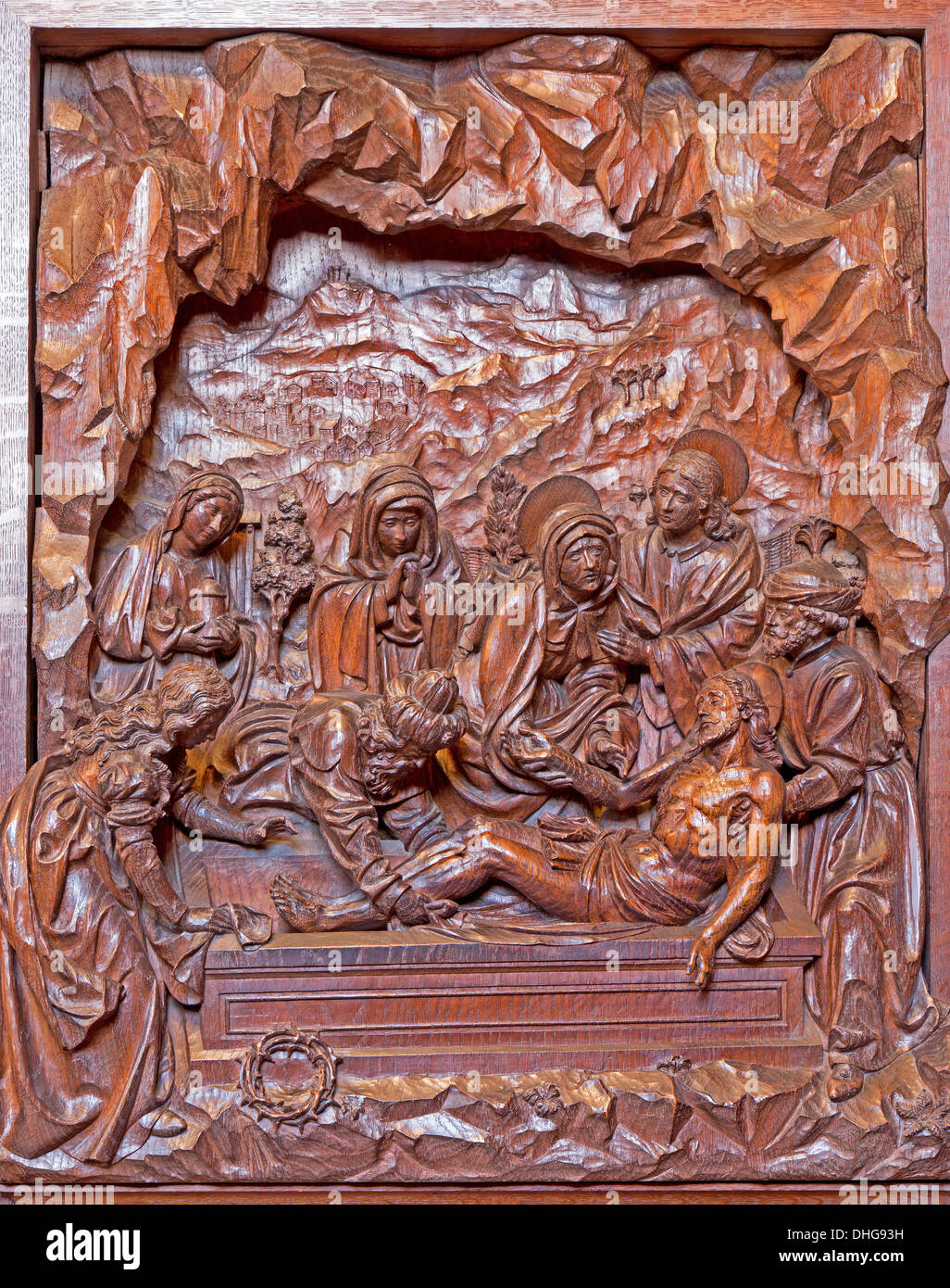 Anversa, Belgio 5: rilievo scolpite della sepoltura di Gesù in scena a San Paolo la Chiesa (Paulskerk) Foto Stock