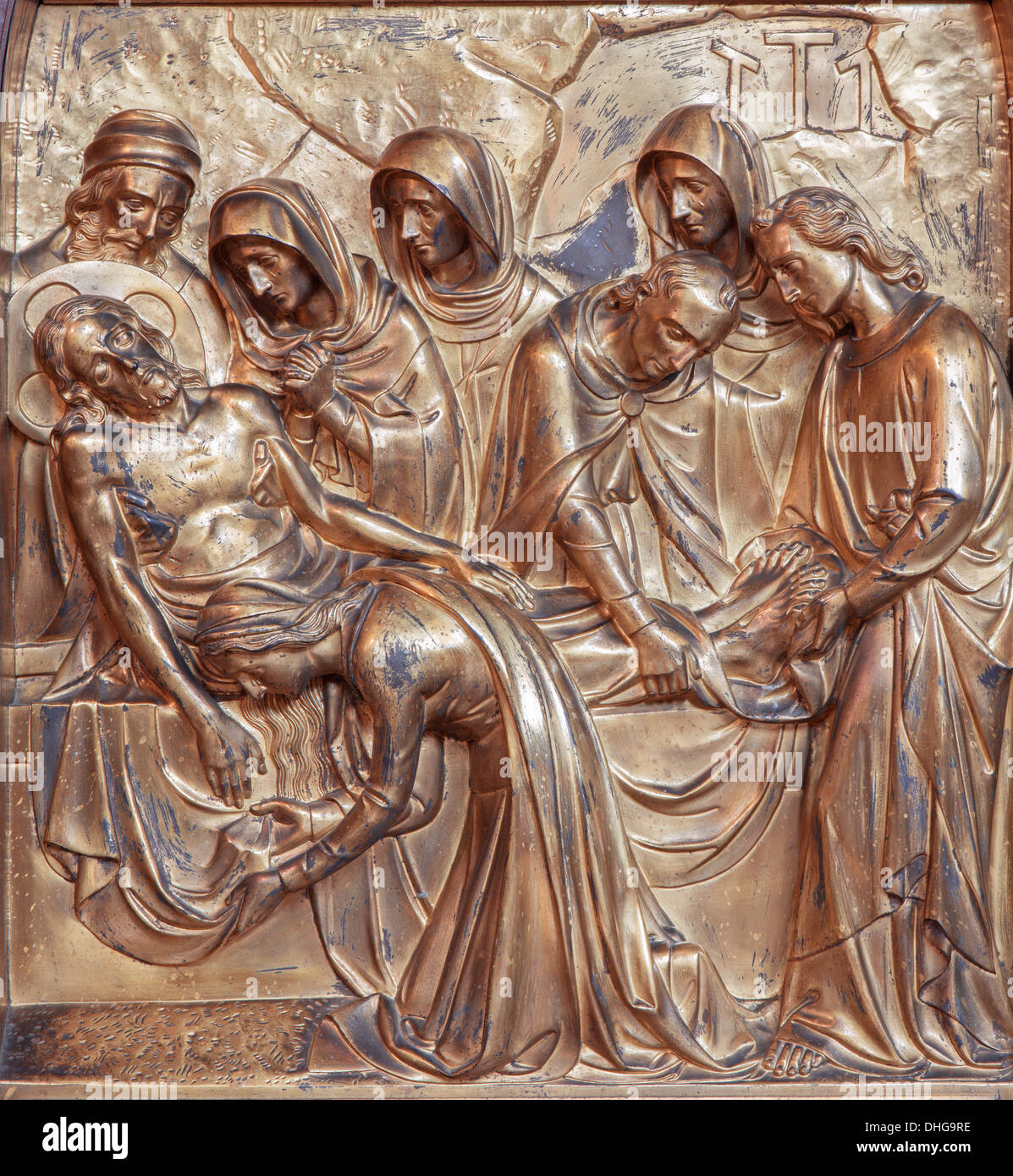 Anversa, Belgio - 5 settembre: la sepoltura di Gesù in rilievo in metallo da Joriskerk o st. George chiesa Foto Stock