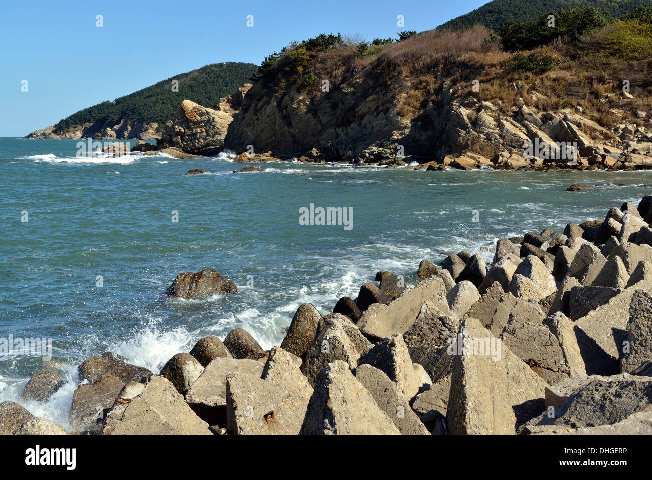 I blocchi di calcestruzzo utilizzato come frangiflutti a Liugong isola in Weihai, Shandong, Cina. 2013 Foto Stock