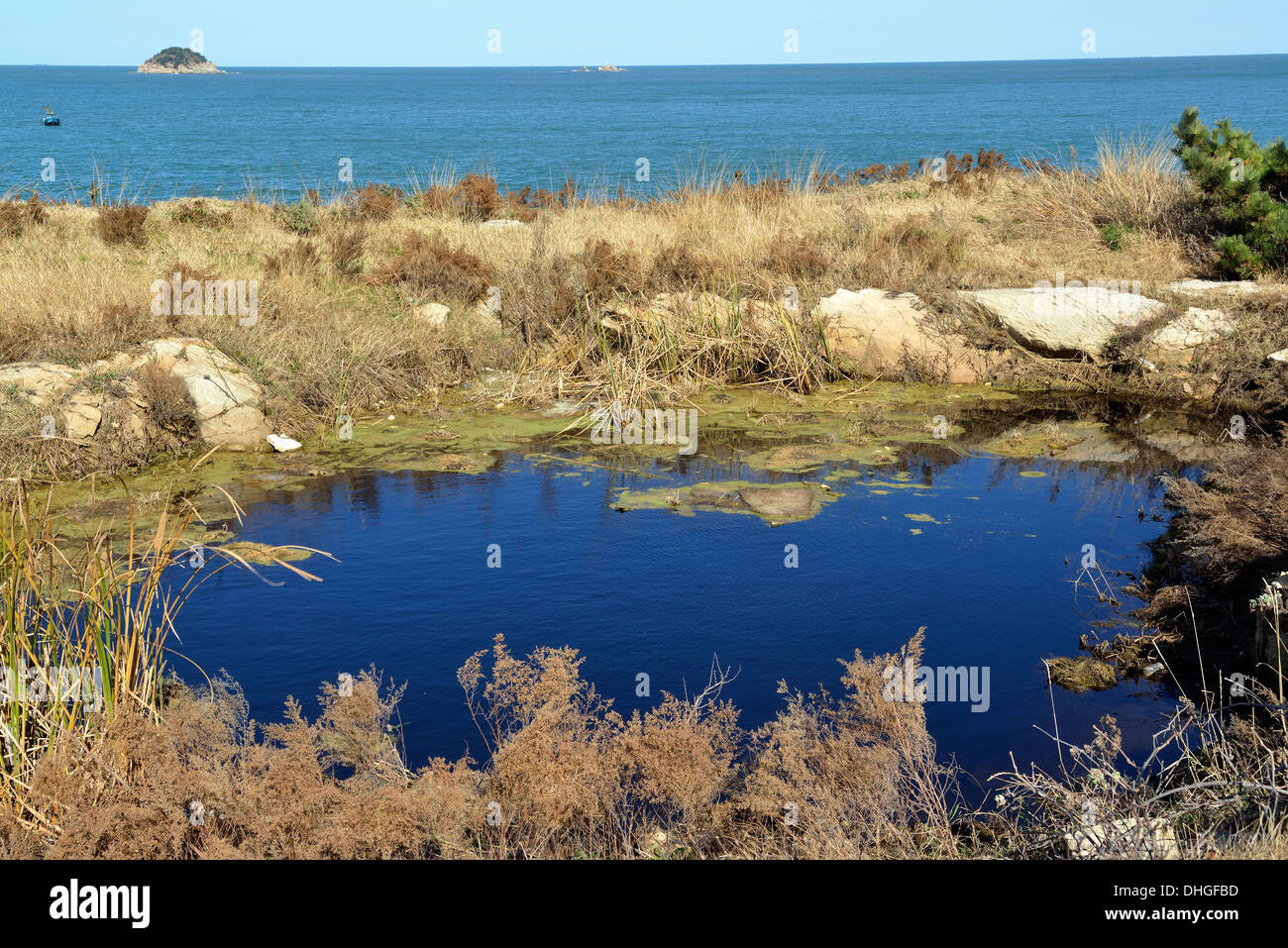 Una pozzanghera con acqua dolce Liugong sull isola nella baia di Weihai, Shandong, Cina.2013 Foto Stock