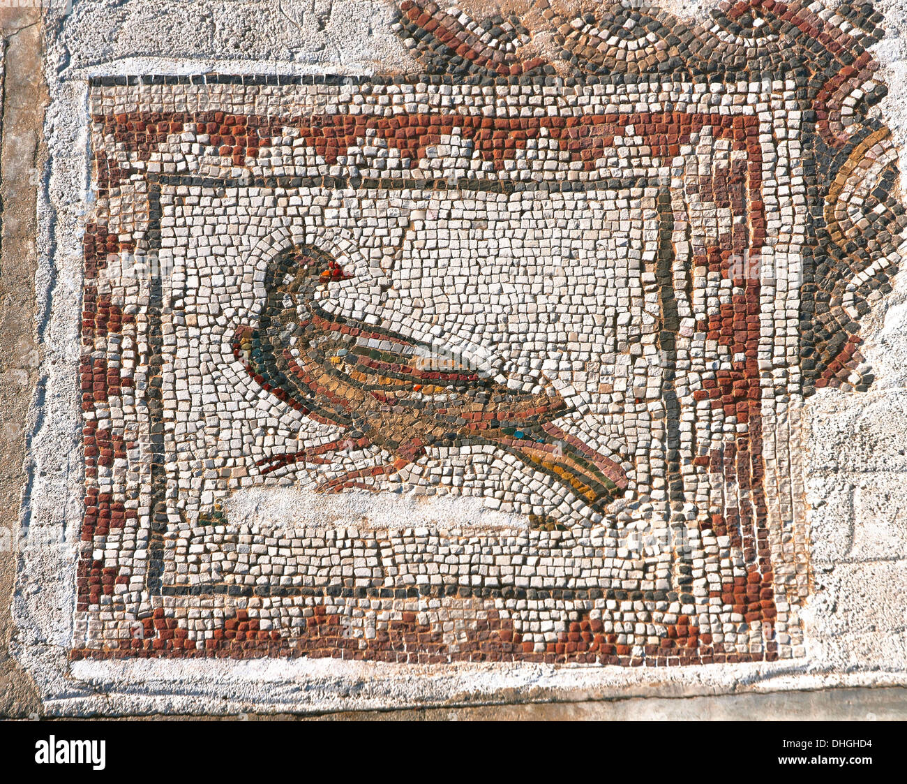 Pavimento a mosaico, casa degli uccelli, le rovine Romane di Italica -2° secolo, Santiponce, Siviglia-provincia, Andalusia, Spagna, Europa Foto Stock