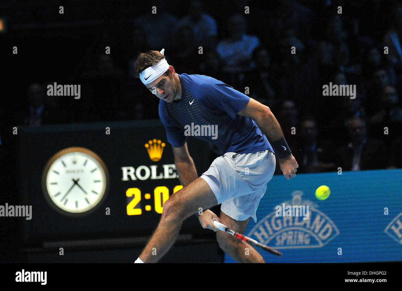 Argentina Juan Martin Del Potro in azione il giorno 6 della Barclays ATP World Finals. Foto Stock