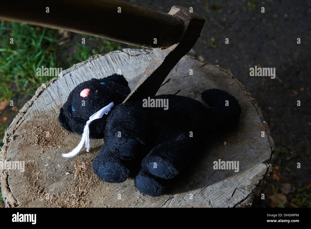 Esecuzione - omicidio del bambino giocattolo di peluche gatto nero con un'ascia Foto Stock