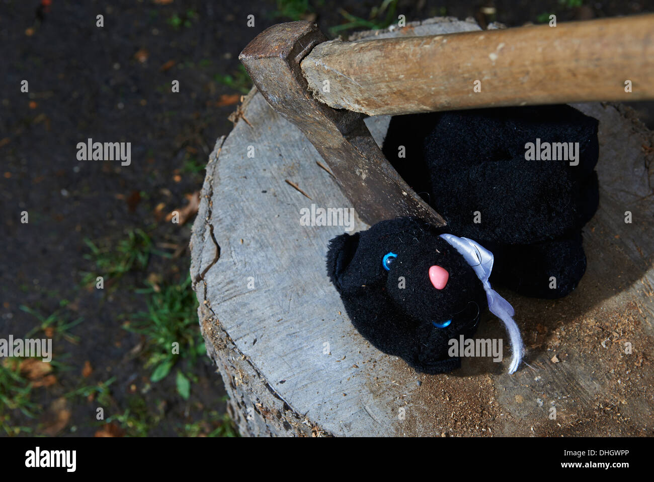 Esecuzione - omicidio del bambino giocattolo di peluche gatto nero con un'ascia Foto Stock