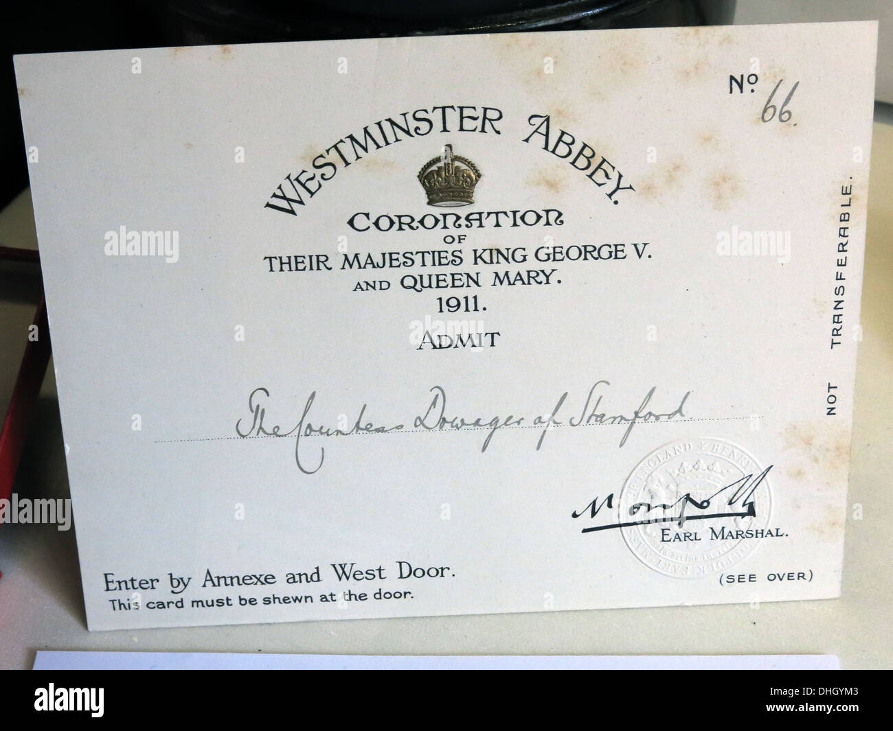 Biglietto per 1911 incoronazione re Giorgio V Queen Mary ammettere la contessa dowager di Stamford da Dunham Massey NT Altrincham Cheshire Foto Stock