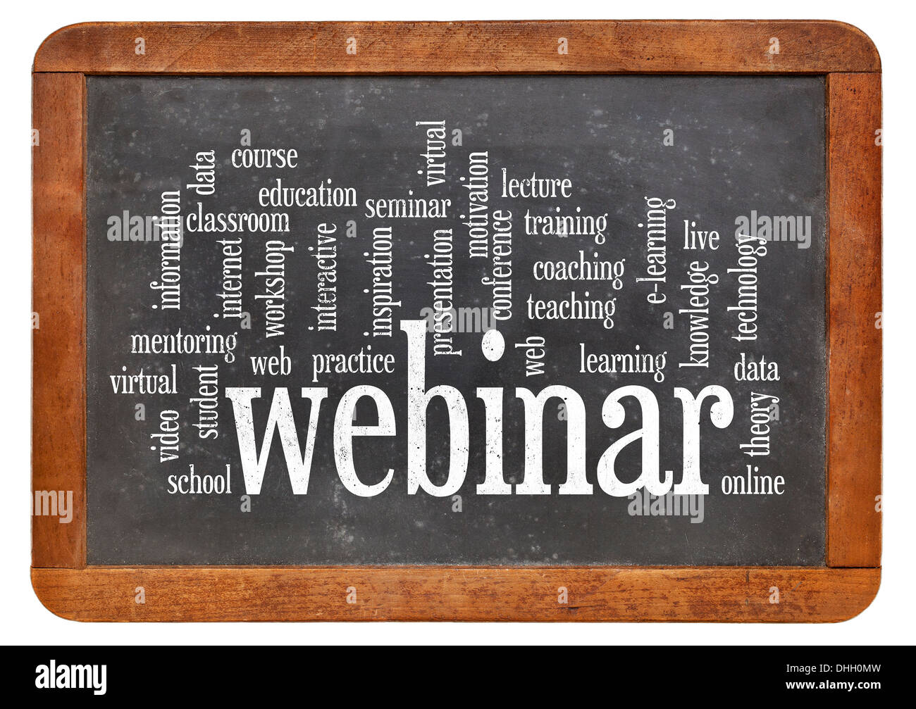 Nuvola di parole o i tag relativi a webinar (seminario web) ed educazione on line su un vintage lavagna ardesia isolato su bianco Foto Stock