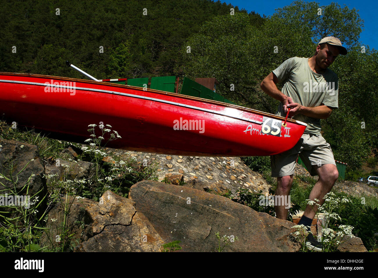 In canoa sul fiume Berounka, Repubblica Ceca Foto Stock