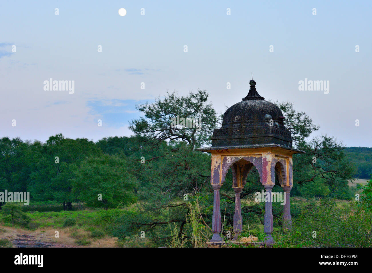 Un chattri o tempio indù sulla luna piena in Ranthambore riserva della tigre Foto Stock