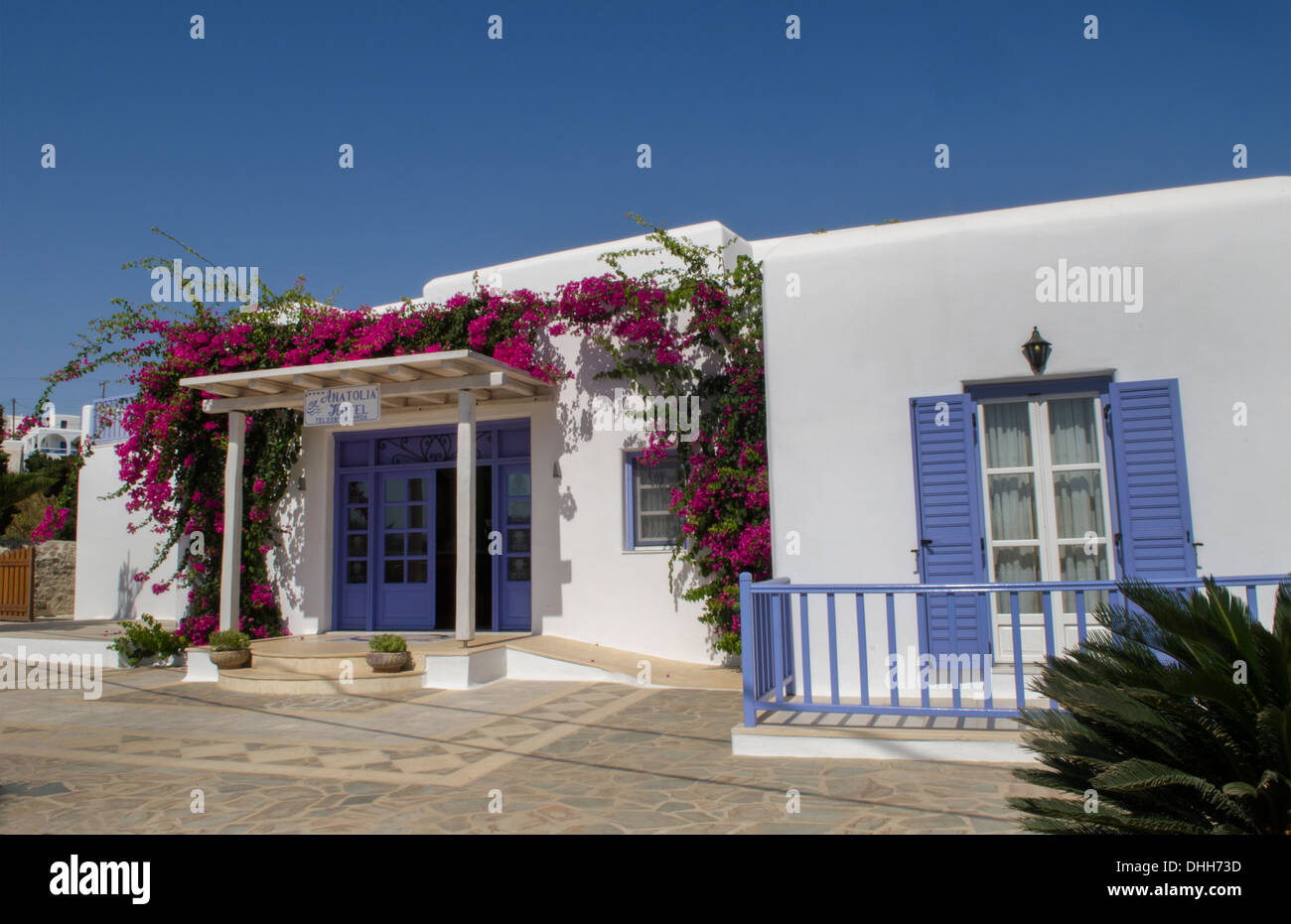 Grecia Mykonos Ano Mera piccolo hotel di colore bianco con fiori Foto Stock