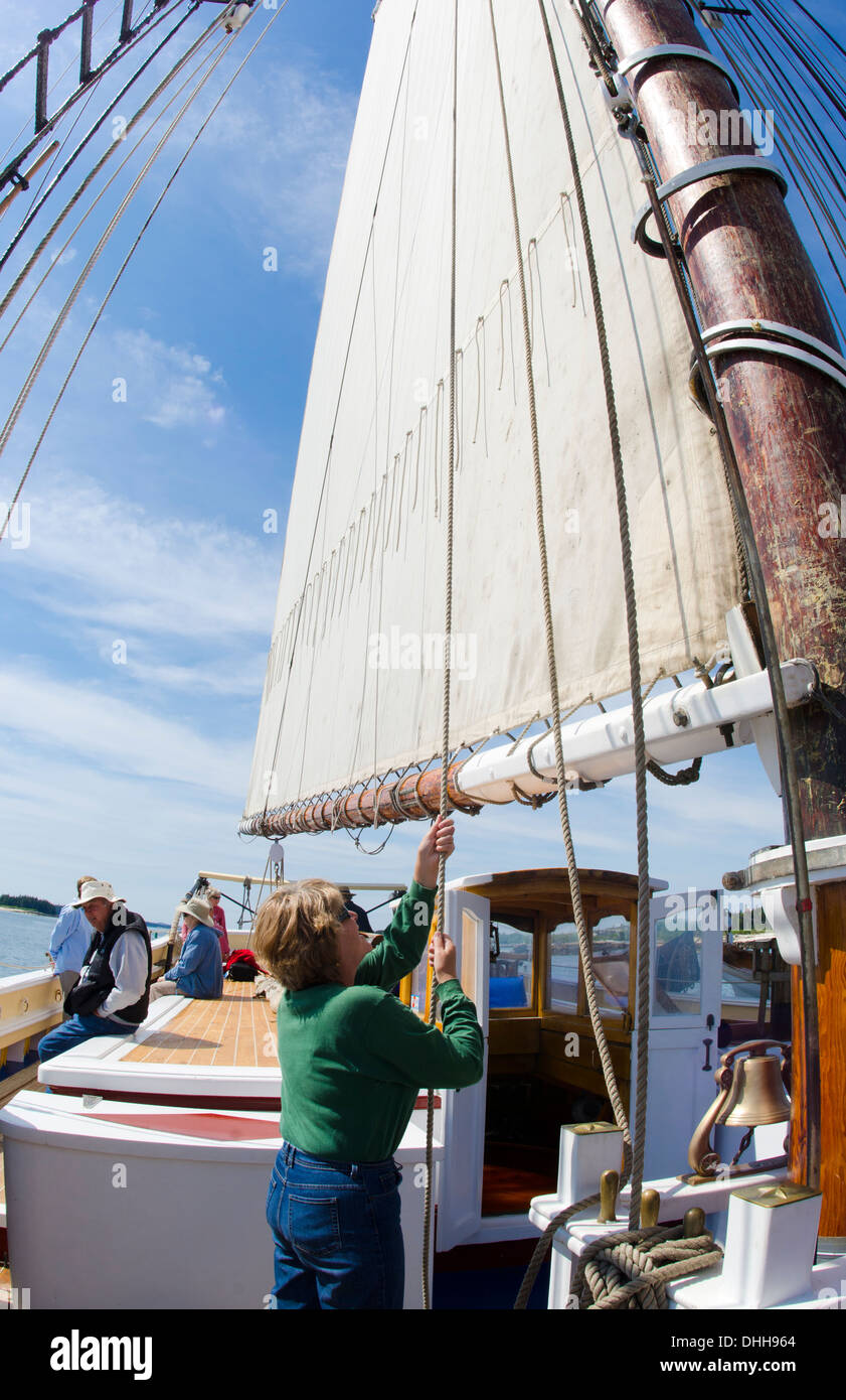 Patrimonio Schooner Windjammer barca a vela da Rockland Maine passeggeri equipaggi mettendo le vele di issare le vele Foto Stock