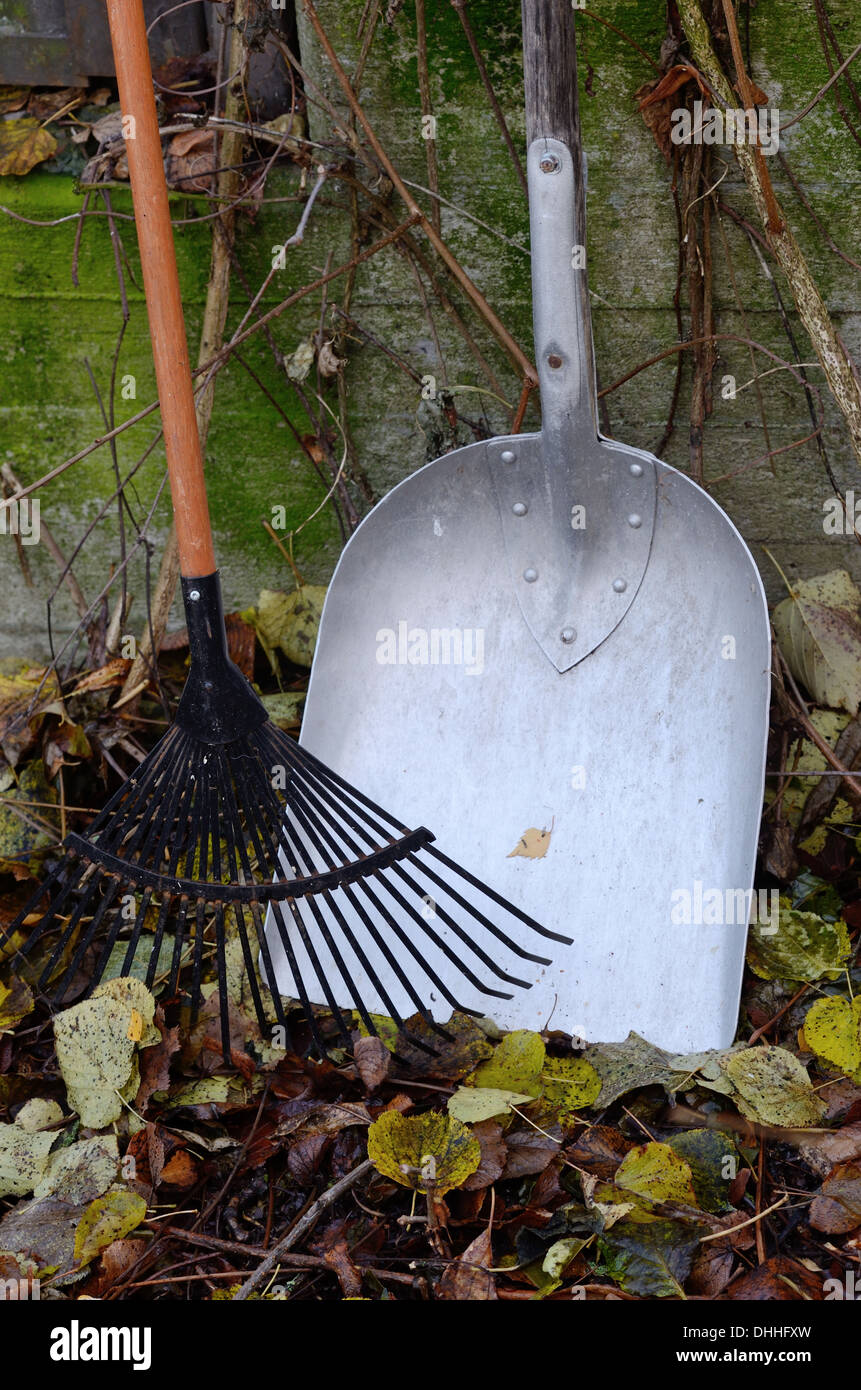 Autunno still life, rastrello, pala e caduta foglie Foto Stock