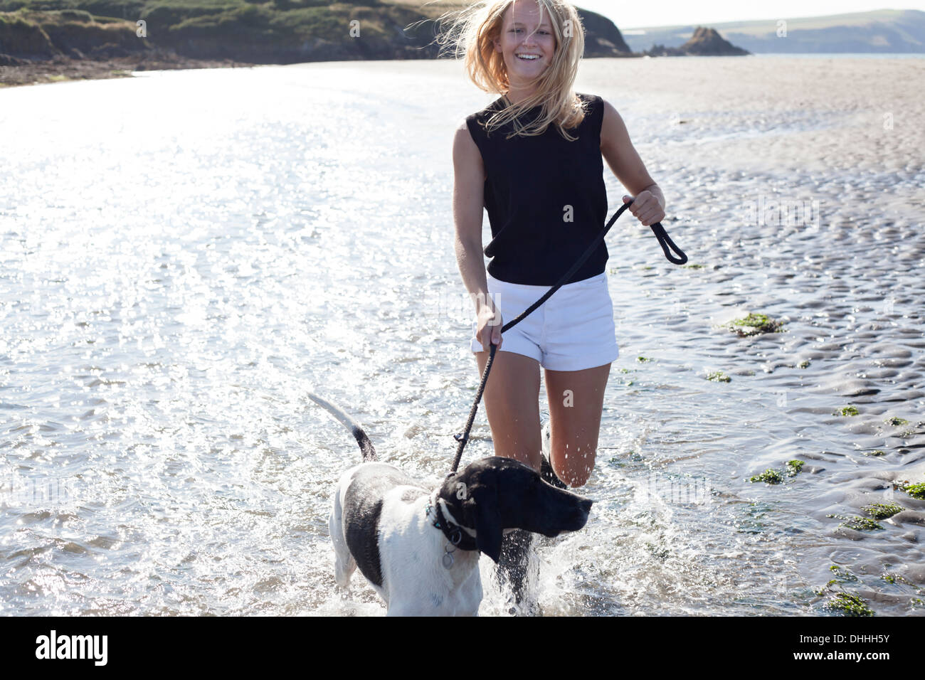Donna cane a camminare sulla spiaggia, Wales, Regno Unito Foto Stock