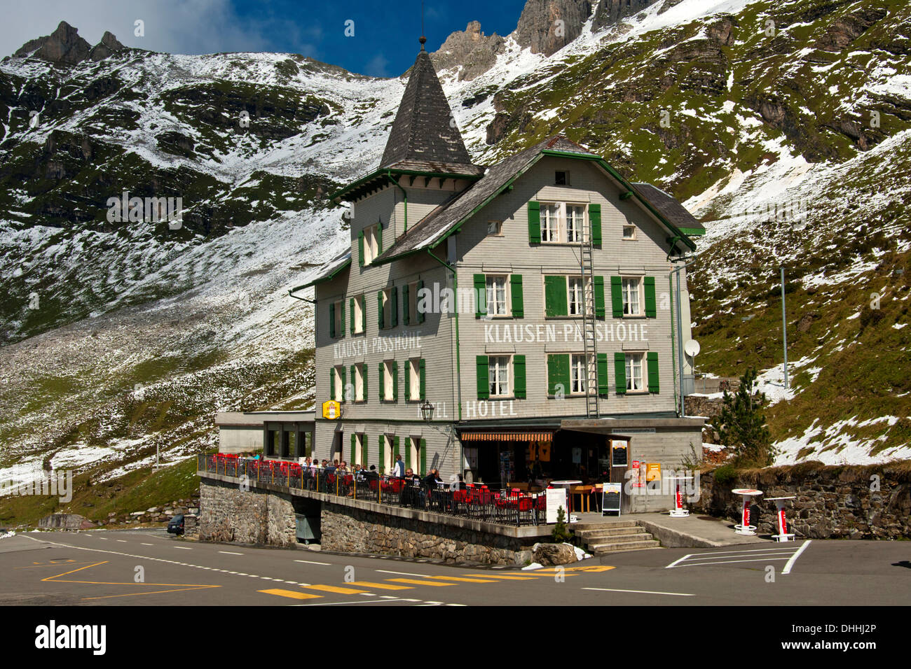 Hotel Klausenpasshoehe sulla strada Klausstrasse, Cantone di Uri, Svizzera Foto Stock
