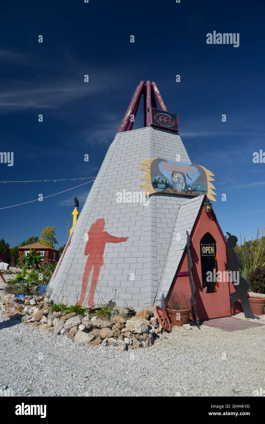 Metà cane lupo al di fuori di sentieri Indiani Nativi Americani wigwam trading post sul percorso 66 Foto Stock