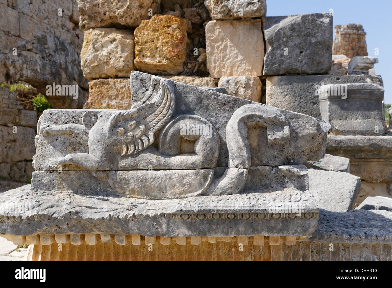 Stone carving, antica città di Perge, Perge, Aksu, Riviera Turca, Provincia di Antalya, Regione Mediterranea, Turchia Foto Stock