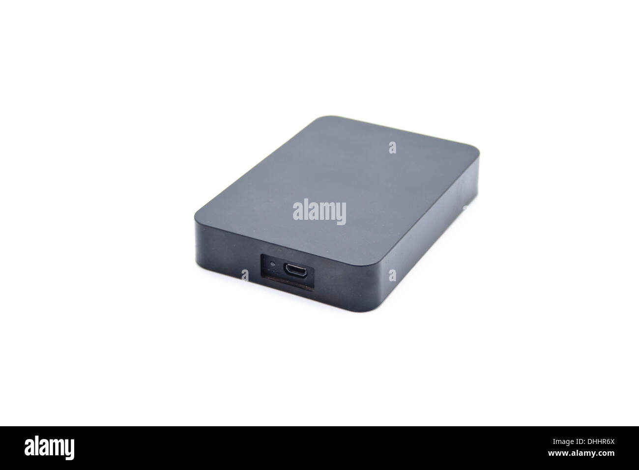 Nero a un disco rigido esterno su sfondo bianco Foto Stock