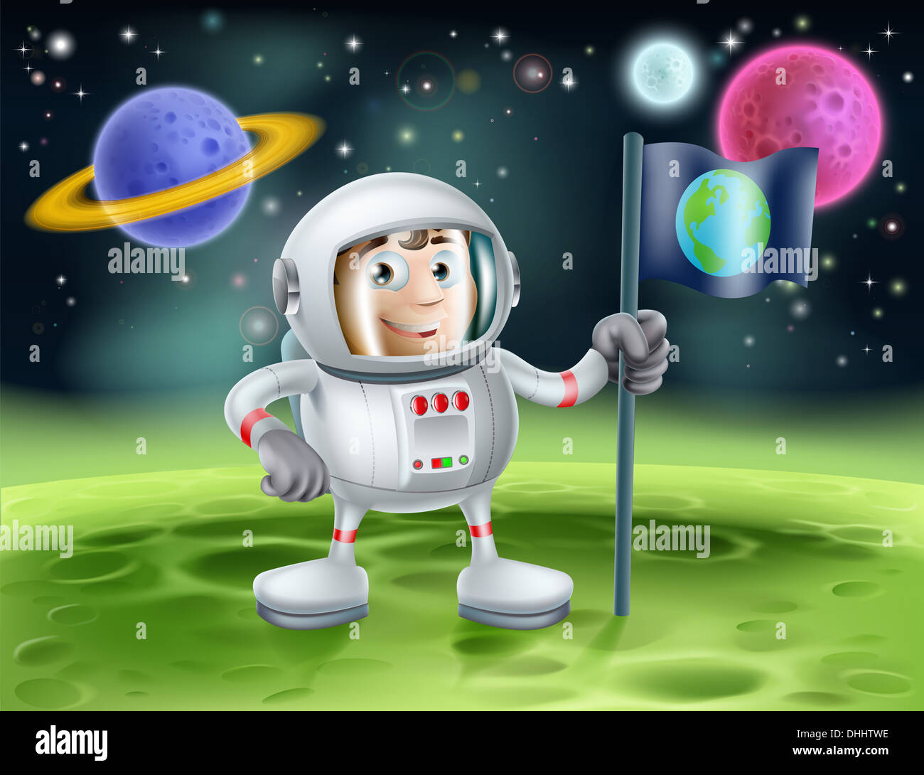 Illustrazione di una spazio esterno cartoon lo sfondo con un cartoon carino astronauta piantando un flag di massa su un mondo alieno Foto Stock