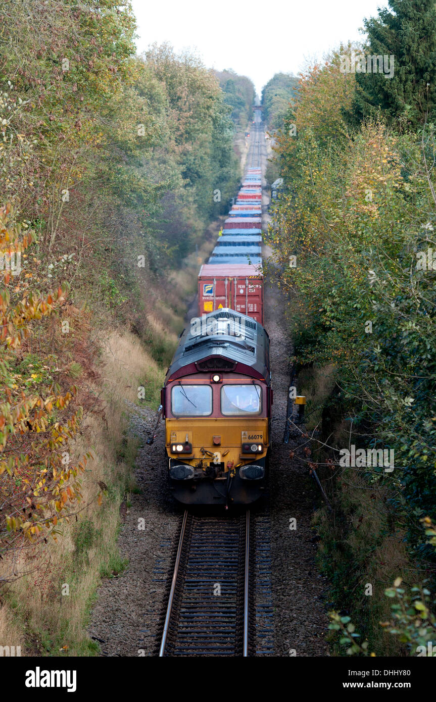 Freightliner treno sulla linea a binario unico, Kenilworth, Regno Unito Foto Stock