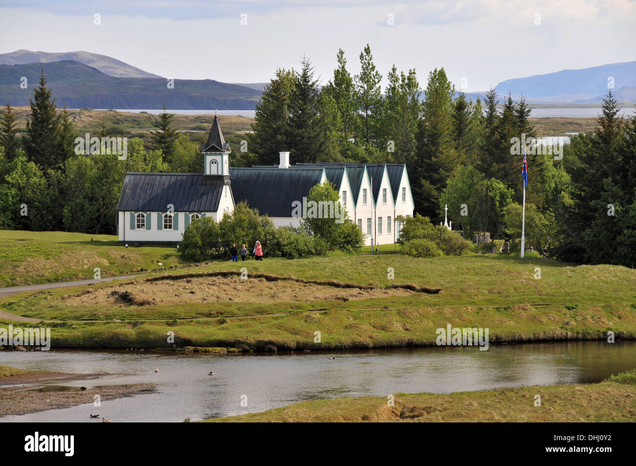 La chiesa e le case di Pingvellir presso il Golden Circle, Islanda, Europa Foto Stock