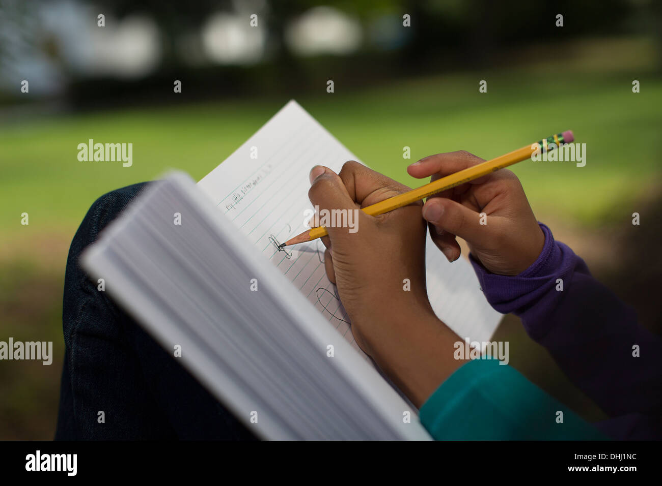 In prossimità delle sorelle nel parco la scrittura in notebook Foto Stock