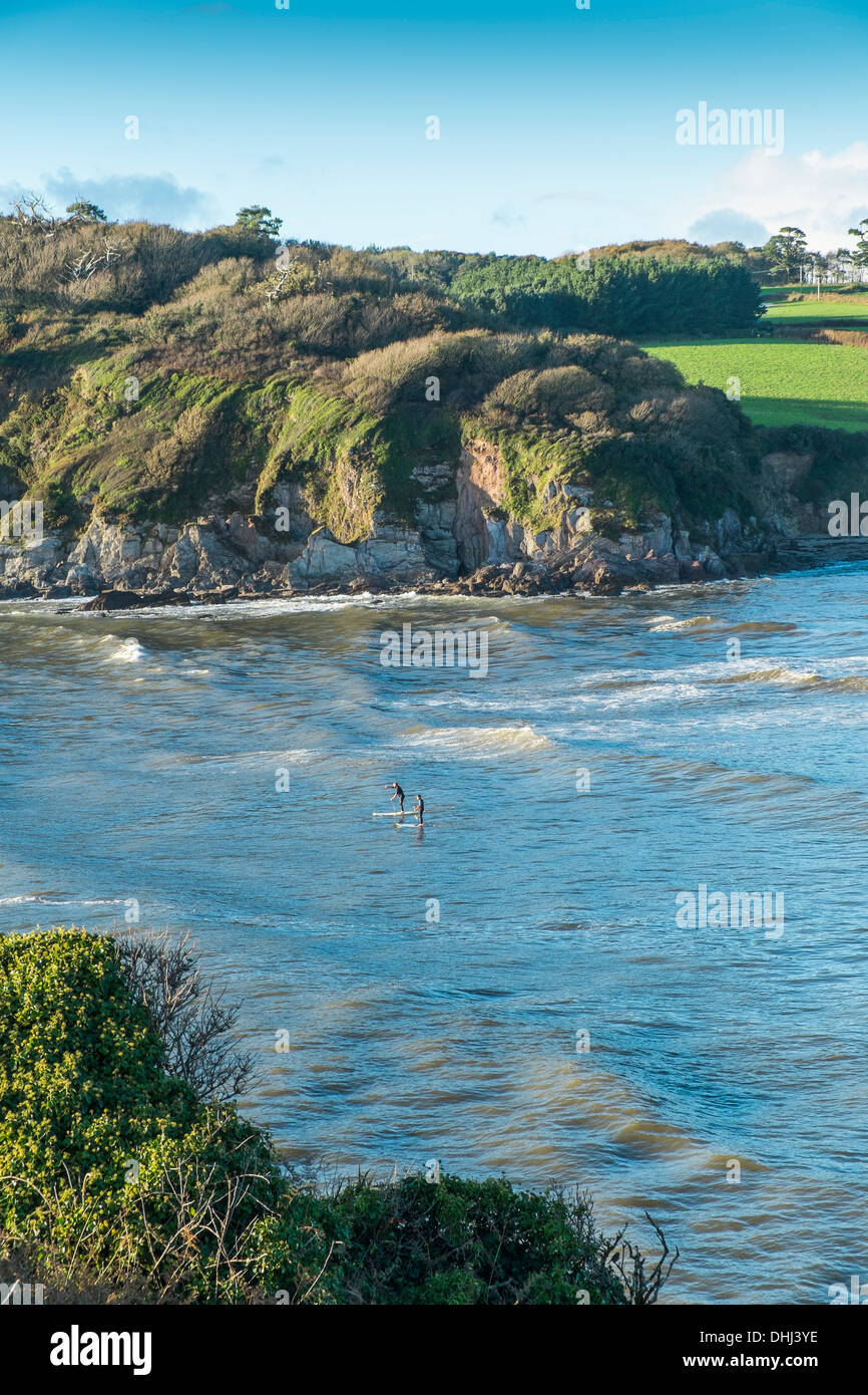 Stand Up Paddle boarders nella bocca del fiume erme, Sud prosciutti. Devon. Regno Unito Foto Stock