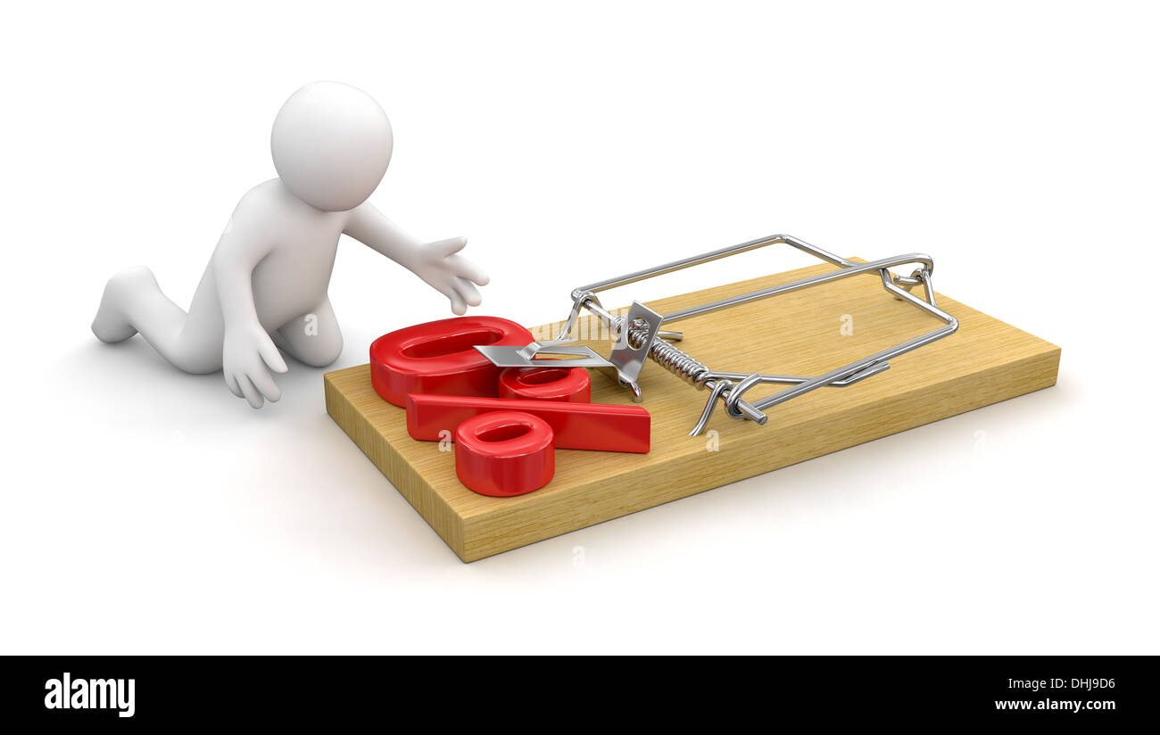 Uomo e Mousetrap con percentuale di segno 0% (percorso di clipping incluso) Foto Stock