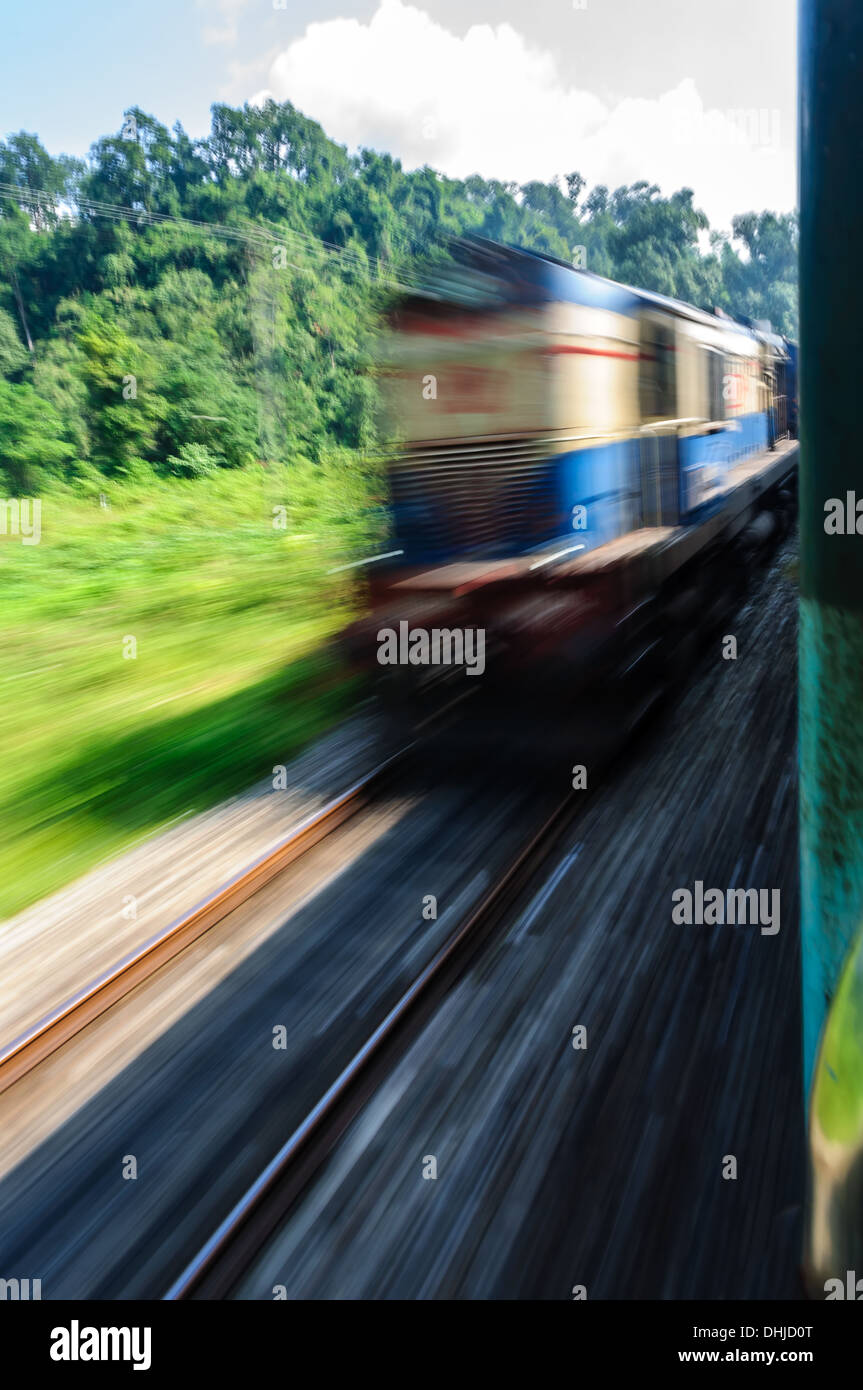 Vista attraverso il finestrino di un treno in movimento che passa attraverso la foresta Foto Stock